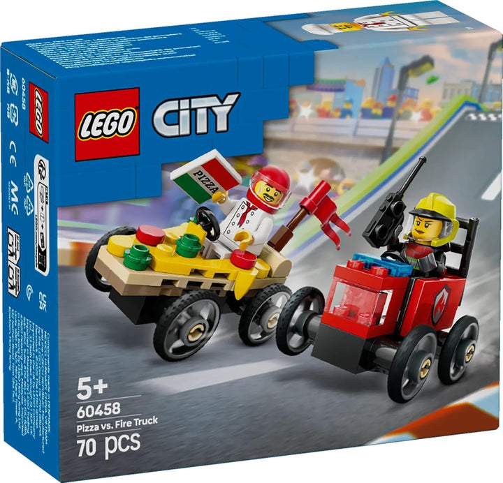 LEGO City Pizza Delivery Van Vs. Pizza Truck - Jucărie cu cutie de săpun pentru fete și băieți de la 5 ani - Set de construcție cu 2 minifigurine șofer - Cadou aniversar și de vacanță 60458