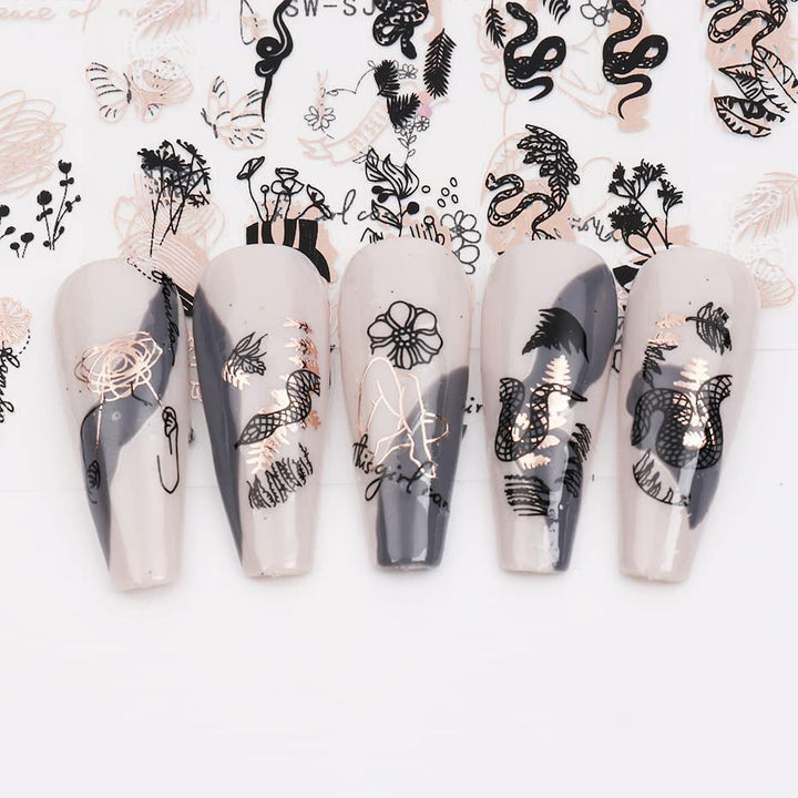 JMEOWIO Nagelsticker Rose Gold Schwarze Blume 12 Blatt Nail Art Sticker Selbstklebend Nagelaufkleber Frühlings Linie Abstraktes Blatt Dekoration Nageldesign Zubehör