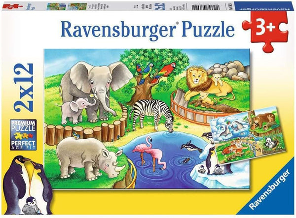 Ravensburger Puzzle pentru copii - 07602 Animale la Zoo - Puzzle pentru copii de la 3 ani, cu 2X12 piese