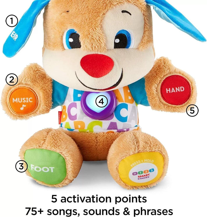 Câine distractiv de învățare Fisher-Price cu trei niveluri | jucărie de pluș vorbitoare cu muzică ca jucărie pentru copii și jucărie pentru bebeluși | ursuleț de pluș interactiv, versiune: UK-English , FPM43 Jucarii Bebe Naty Shop