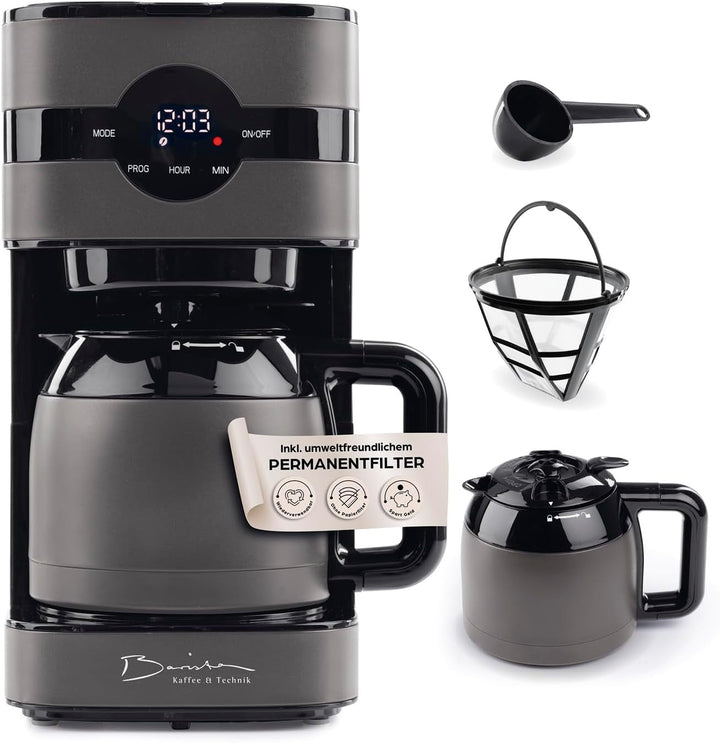 Espressor cu filtru Barista cu termos | Temporizator 24h și filtru permanent | Pentru 8 cești de cafea | Espressor pentru cafea măcinată [Oțel inoxidabil]