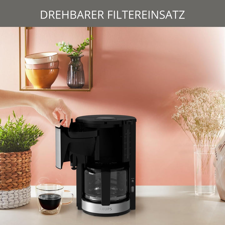 Cafetieră cu filtru Krups KM3210 Pro Aroma plus, 10 cești, 1,25 litri, funcție de menținere a căldurii timp de 30 de minute, fereastră vizibilă pentru nivelul apei, sistem anti-picurare, negru Cu aplicații din oțel inoxidabil