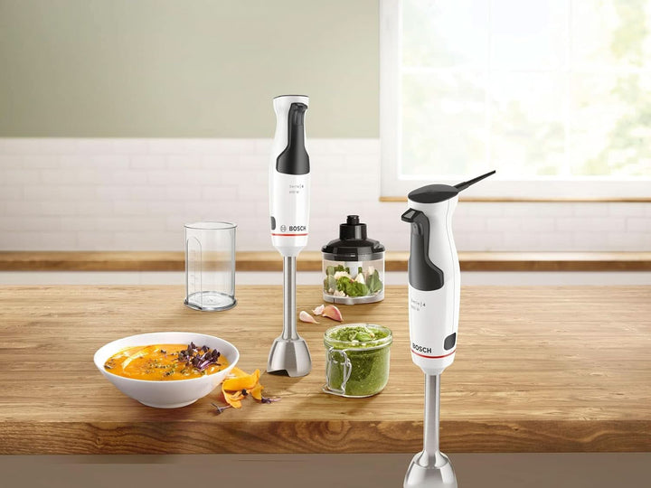 Bosch Stabmixer Ergomaster Serie 4 MSM4W220, Zerkleinerer, Einhändig Bedienbar, Edelstahl-Klingen, Verschleißfreie Keramik-Kupplung, Mixbecher, Quattroblade, Antisplash, Einschaltsperre, 600 W, Weiß