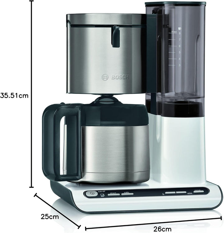 Bosch filtru de cafea Styline TKA8A681, senzor de aromă, cană termo din oțel inoxidabil 1,1 L, pentru 8-12 cești, oprire automată, sistem de detartrare, opritor de picurare, rezervor de apă detașabil (1 L), 1100 W, alb