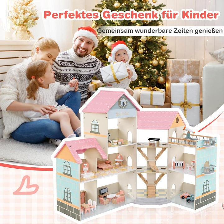 Casă de păpuși din lemn FANTASK, casă de păpuși 94 cm înălțime cu 41 de piese de mobilier și accesorii, vilă de păpuși cu 6 camere, terasă și garaj, cadou pentru fete de la 3 ani