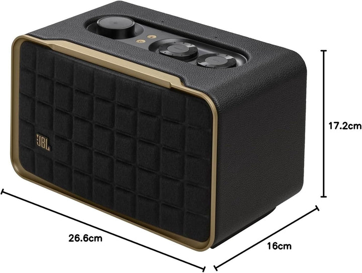 JBL Authentics 200 Smart Home Speaker - Difuzor Bluetooth cu design retro din anii '70 - Cu grilă Quadrex, Google Assistant, Alexa, Airplay și JBL One App - Negru
