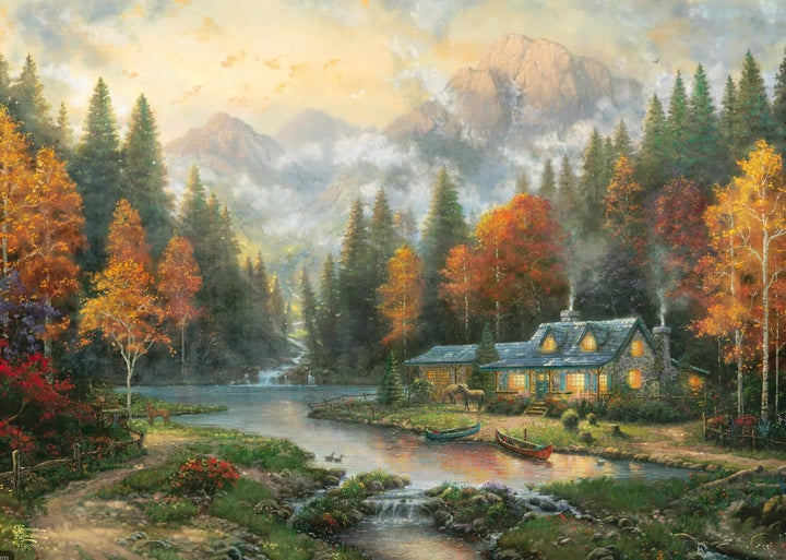 Schmidt Spiele 58784 Thomas Kinkade, Seară la lacul de toamnă, puzzle jigsaw 1000 piese, colorat