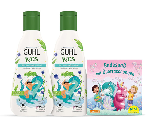 Guhl Kids Dino advantage set - 2x Guhl Kids 2 în 1 Șampon & Gel de duș, 250ml + 1x Pixi book - Special dezvoltat pentru copii - Nu se trage - Certificat Cosmos Natural