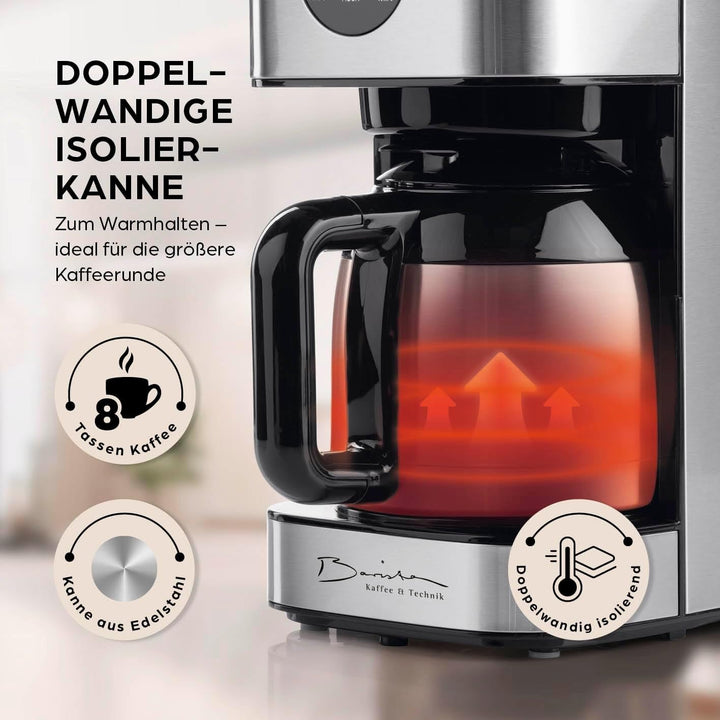Espressor cu filtru Barista cu termos | Temporizator 24h și filtru permanent | Pentru 8 cești de cafea | Espressor pentru cafea măcinată [Oțel inoxidabil]