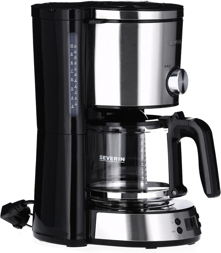 SEVERIN Cafetiera "Typeswitch" cu ulcior de sticlă și cronometru, comutator de aromă pentru alegerea a 2 opțiuni de preparare, ceas digital cu funcție de cronometru, pentru până la 10 cești, 1.000 W, oțel inoxidabil negru periat, KA 4826