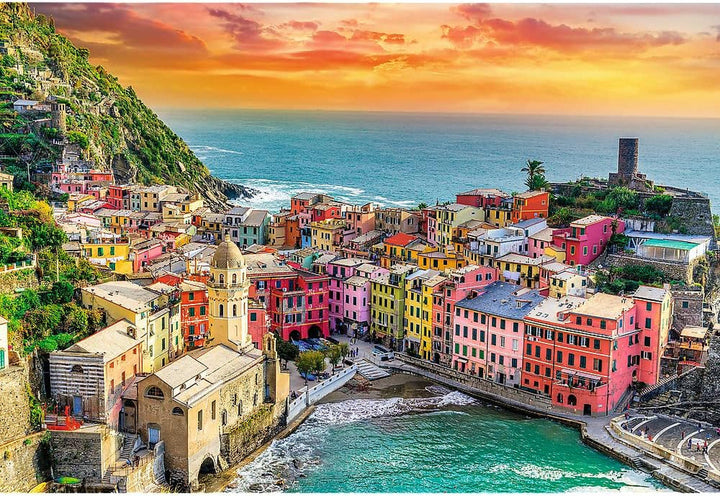 Trefl 26196 1500 elemente, carton cel mai gros, organic, ECO, Italia, apus de soare, divertisment pentru adulți și copii de la 12 ani, Uft-Puzzle Romantic Sunset: Vernazza, Liguria, Italia