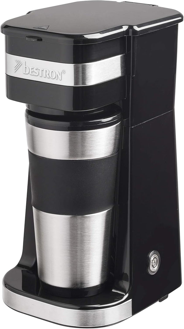 Espressor Bestron cu cană izolată, espressor de camping pentru cafea măcinată la filtru, espressor mic pentru 2 cești mari, 750 wați, culoare: negru/argintiu