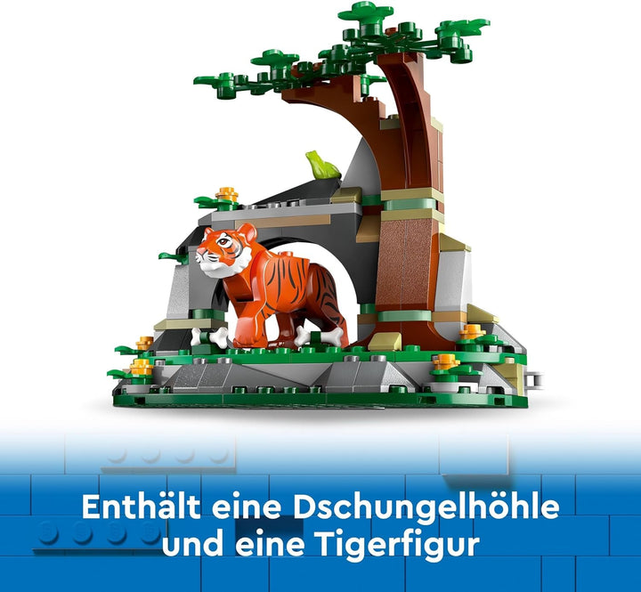 Camion LEGO City Jungle Explorer, set de construit și jucat pentru copii de peste 6 ani, cadou grozav pentru ziua de naștere, camion de jucărie, cu 3 minifigurine Adventurer și tigru 60426