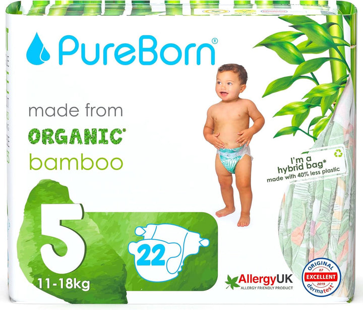 Pureborn Eco Bio-Bambus Windeln, Größe 5 (11-18 Kg), 176 Stück (2 X 88), Umweltfreundlich, Hypoallergen, Ultraweich, Mit Nässeindikator, Diverser Aufdruck