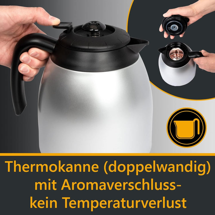 Cafetieră Clatronic® cu termos | Pentru 8-10 cești de cafea | Fără pierderi de temperatură | Cafetieră cu filtru | 1 litru | Mașină de cafea | Cafetieră cu filtru cu termos | KA 3327 negru