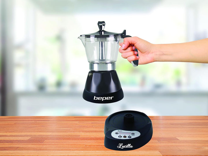 BEPER BC.041N Cafetiera electrică Lucilla - Espresso Maker pentru 3 cești cu timer programabil până la 24 de ore în avans - cafea fierbinte timp de 30 de minute, negru