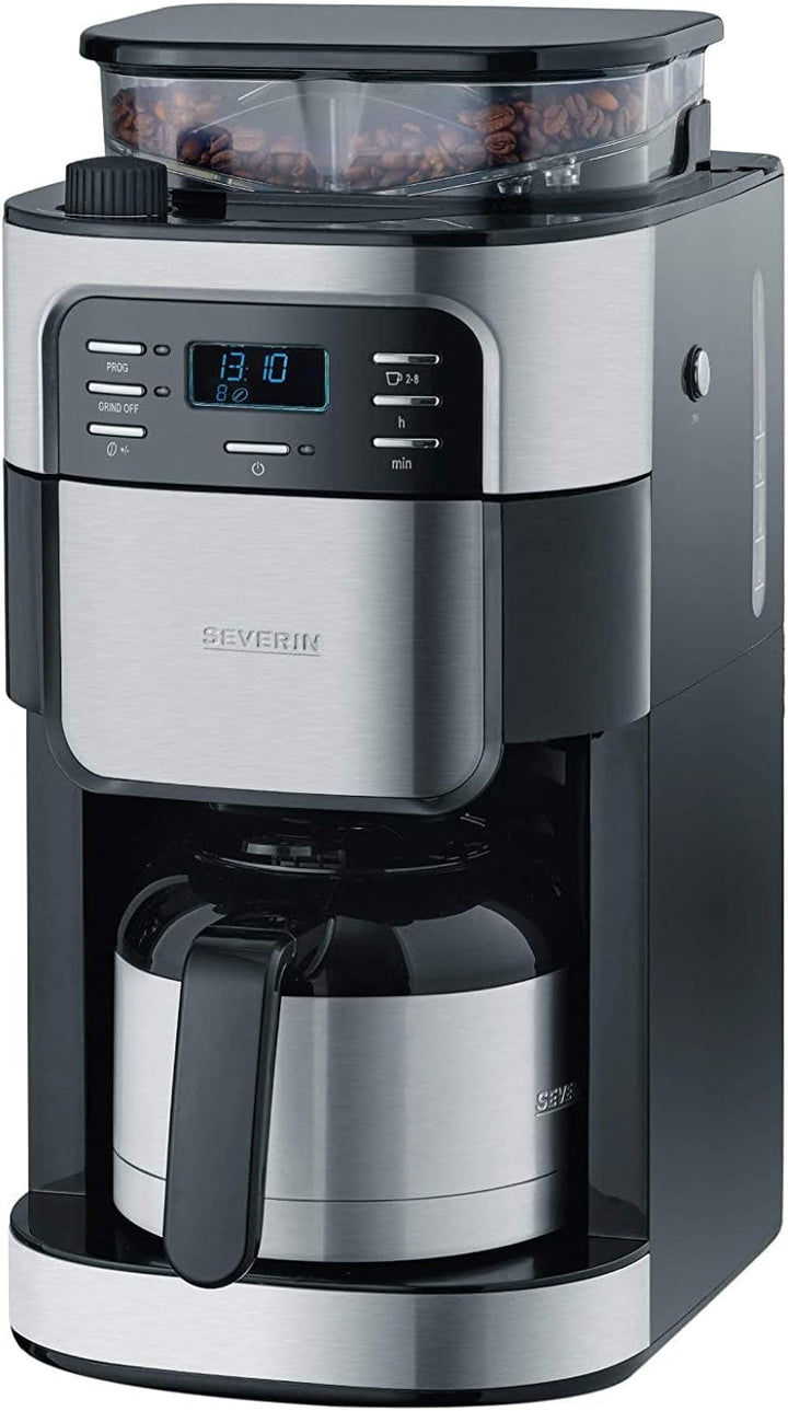 SEVERIN Filtru de cafea cu râșniță din oțel inoxidabil și ulcior termo, măcinare fină și nivel de măcinare selectabil individual, 1000 W, pentru până la 8 cești / Aprox. 1 litru, negru, KA 4814