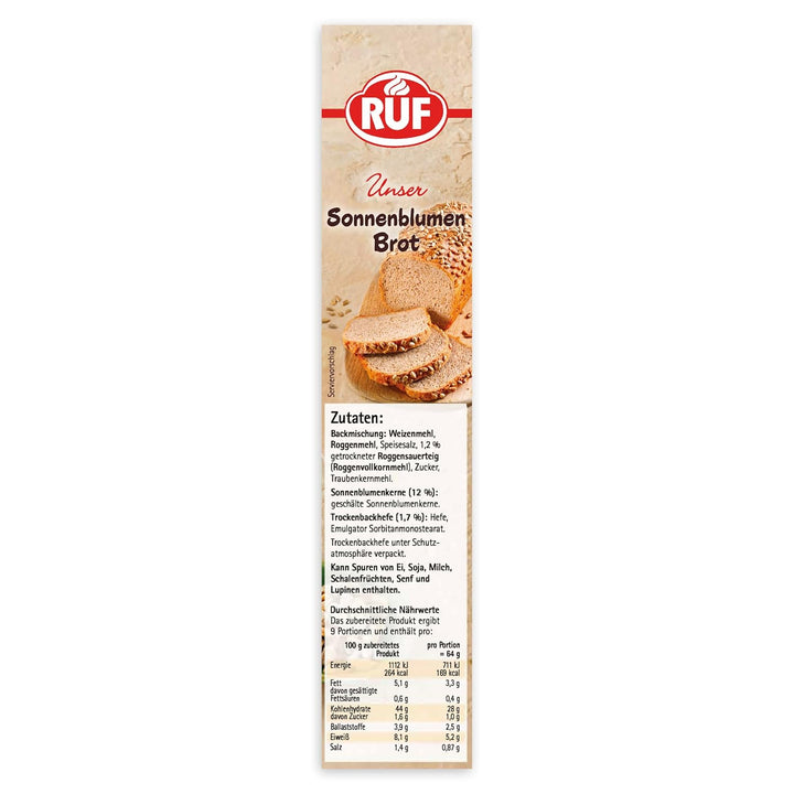 RUF Sonnenblumen Brot, Nur Wasser Hinzufügen, Brotbackmischung Mit Sonnenblumenkernen, Brotteigmischung Mit Roggen-Sauerteig Und Hefe Für Sonnenblumenkernbrot, 1 X 410G