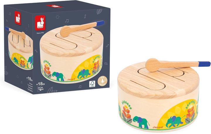 Janod - Tobă Gioia - Tobă din lemn FSC + tobă - Joc de rol și educație muzicală timpurie - Acuarelă - De la 18 luni, J07650 Jucarii Bebe Naty Shop