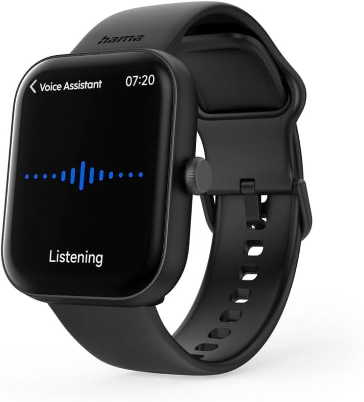 Hama Smartwatch (ecran color 1.65", funcție telefon, Whatsapp, e-mailuri etc., asistent vocal, rezistent la apă, fitness tracker cu 100 de sporturi + ritm cardiac, oxigen din sânge, calorii etc.) negru