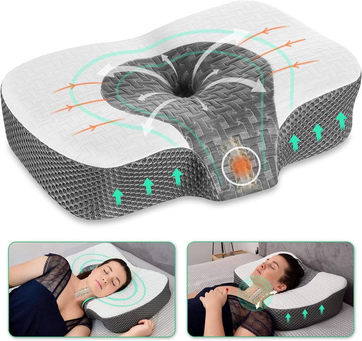 Pernă ortopedică Elviros din spumă cu memorie, pernă pentru dureri de gât, pernă de dormit, pernă ergonomică pentru gât, pernă de susținere a gâtului, pernă anti sforăit pentru cei care dorm pe o parte, cei care dorm pe stomac, alb