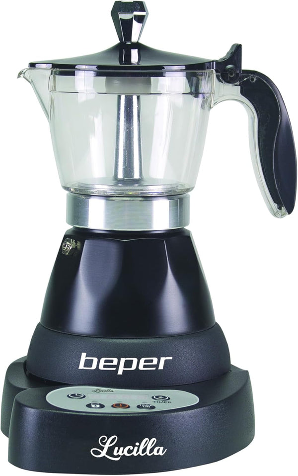 BEPER BC.041N Cafetiera electrică Lucilla - Espresso Maker pentru 3 cești cu timer programabil până la 24 de ore în avans - cafea fierbinte timp de 30 de minute, negru