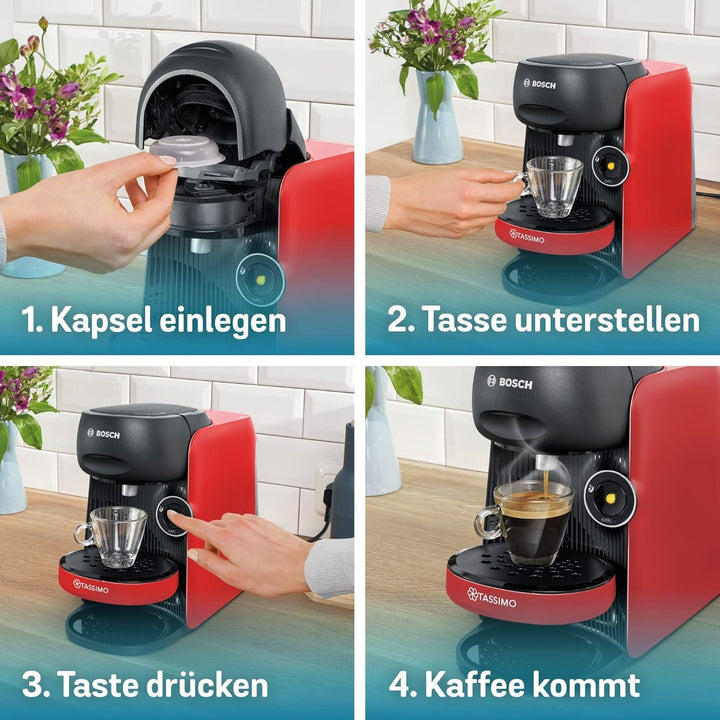 Mașină de cafea cu capsule Bosch Tassimo Finesse TAS16B7 Mașină de cafea By, 70 de băuturi, cafea mai intensă la apăsarea unui buton, deconectare automată, dozare perfectă, economie de spațiu, 1400 W, roșu