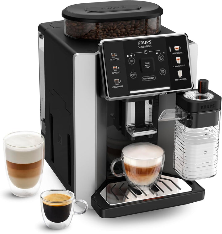 Espressor automat Krups Sensation, spumator de lapte, 5 băuturi, funcție cafea filtrată, funcție 2 cești, espressor, negru, fabricat în Franța, EA910810