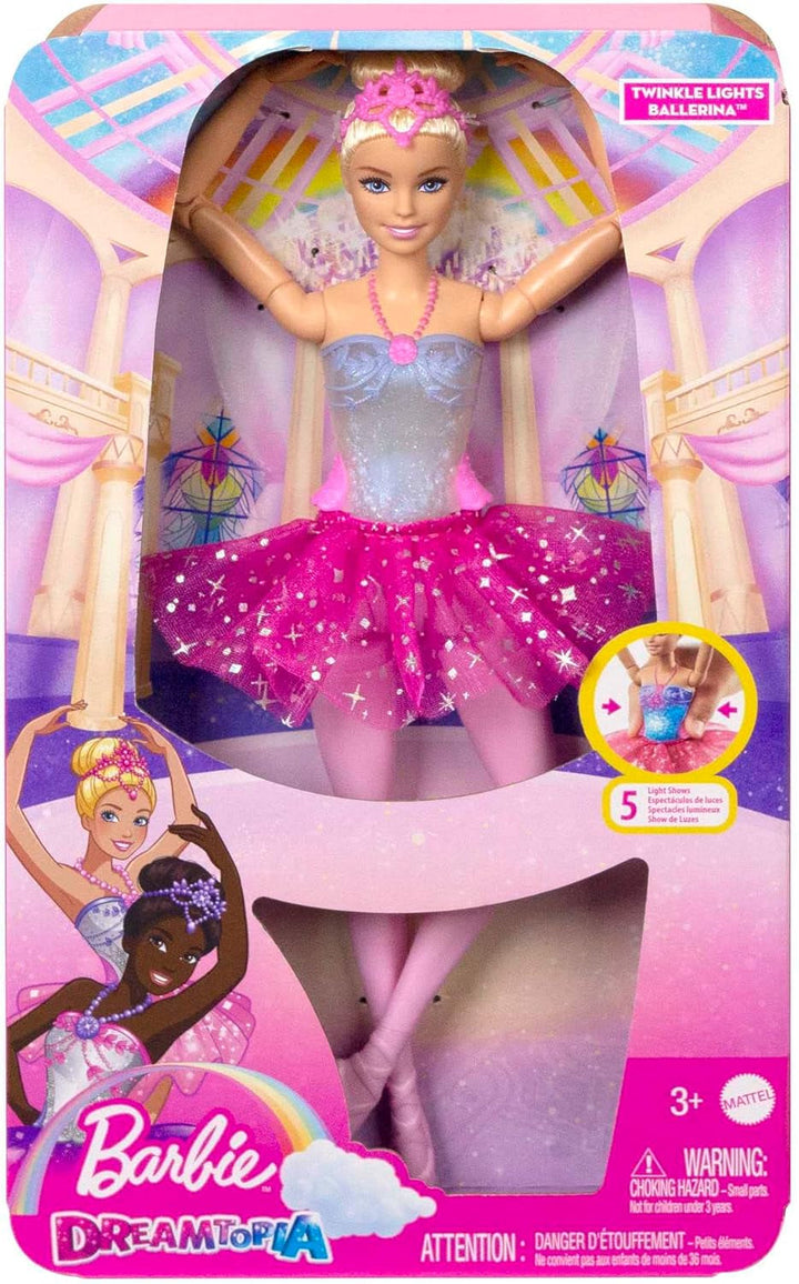 Păpușa Barbie Dreamtopia Magic Light Ballerina, cu tutu roz și păr blond, 5 efecte luminoase și sonore, Barbie mobilă, de la 3 ani, HLC25