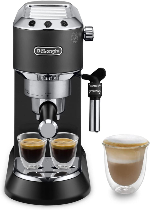 De'Longhi Dedica Style EC 685.B – Espressor portafiltru, espressor cu spumator de lapte profesional, doar 15 cm lățime, pentru cafea măcinată sau capsule ESE, rezervor de apă de 1 L, negru