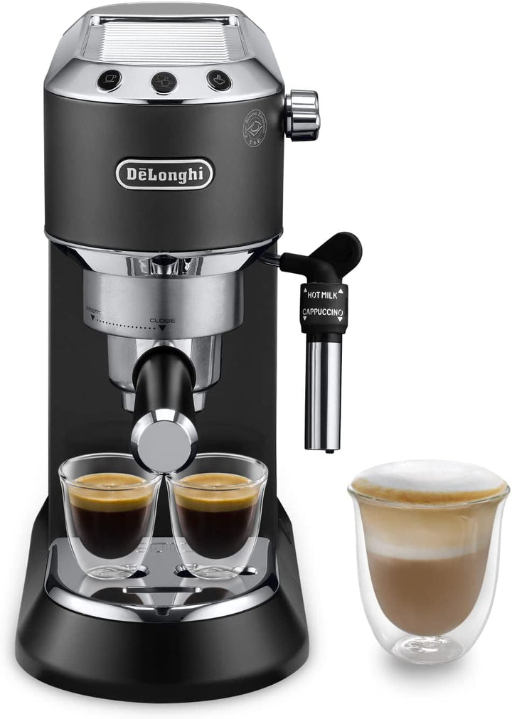 De'Longhi Dedica Style EC 685.B – Espressor portafiltru, espressor cu spumator de lapte profesional, doar 15 cm lățime, pentru cafea măcinată sau capsule ESE, rezervor de apă de 1 L, negru