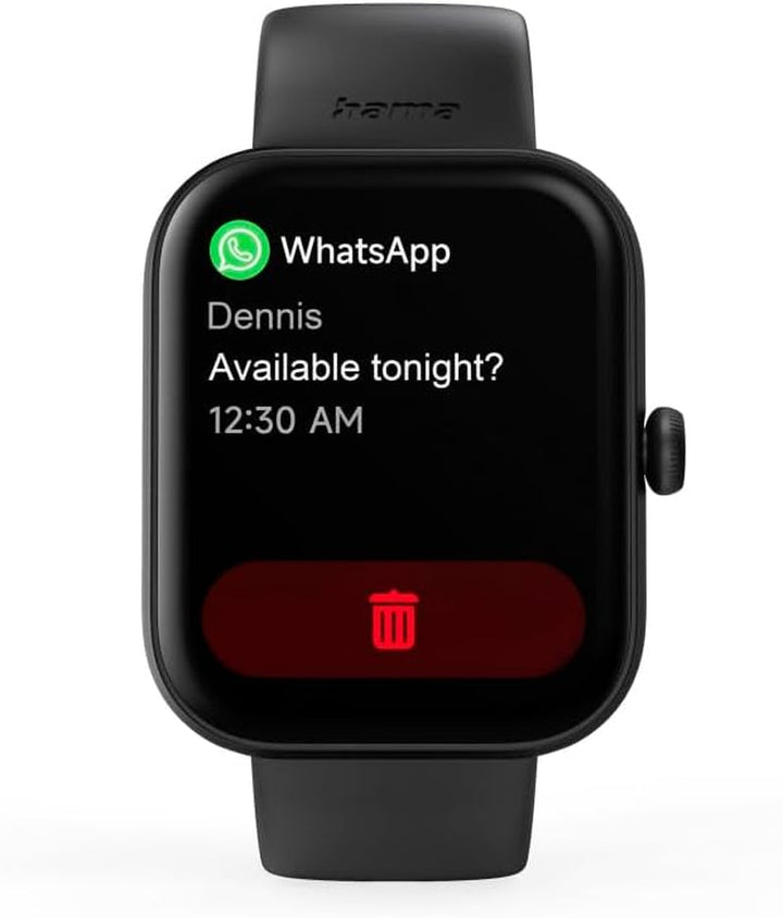 Hama Smartwatch (ecran color 1.65", funcție telefon, Whatsapp, e-mailuri etc., asistent vocal, rezistent la apă, fitness tracker cu 100 de sporturi + ritm cardiac, oxigen din sânge, calorii etc.) negru