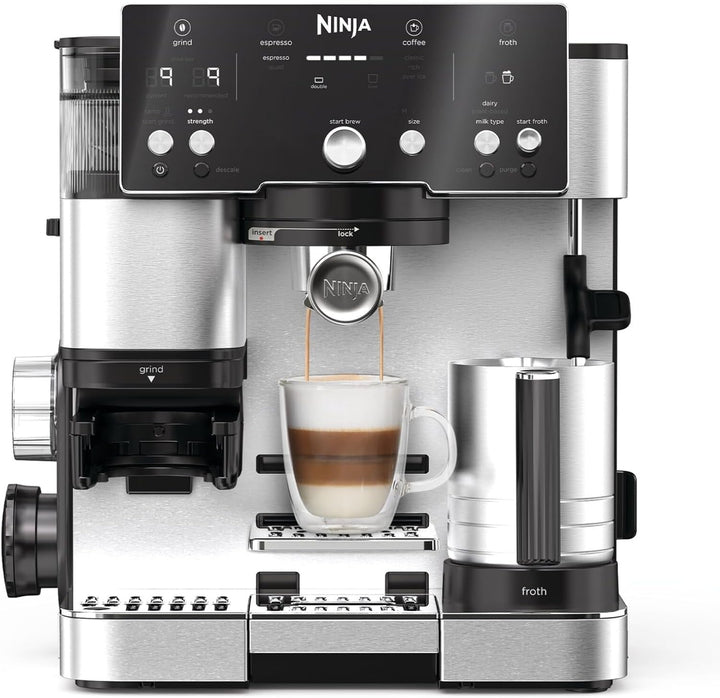 Cafetieră Ninja Luxe Premier 3 în 1 cu râșniță și spumator pentru latte, cappuccino, Cold Brew și espresso, ușor de utilizat, 4 presetări de spumare, argintiu, ES601EU