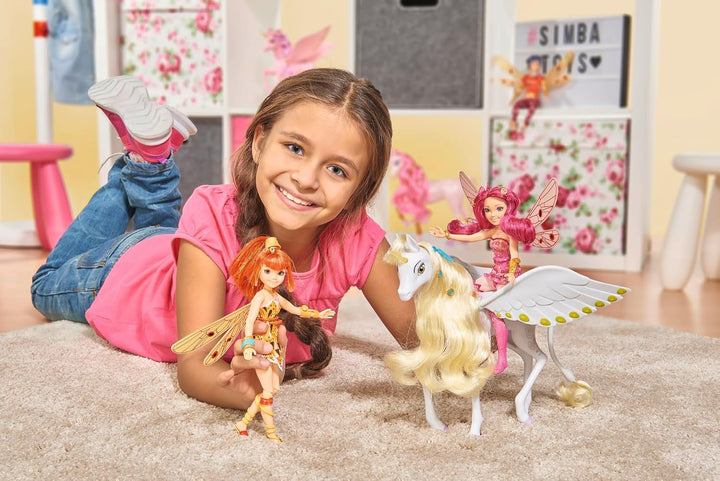 Simba 109480093 - Mia and Me Unicorn Onchao, Cu aripi mobile, agrafe de păr, perie pentru coafat, cal de joacă, ponei, Centopia, de la 3 ani, roz
