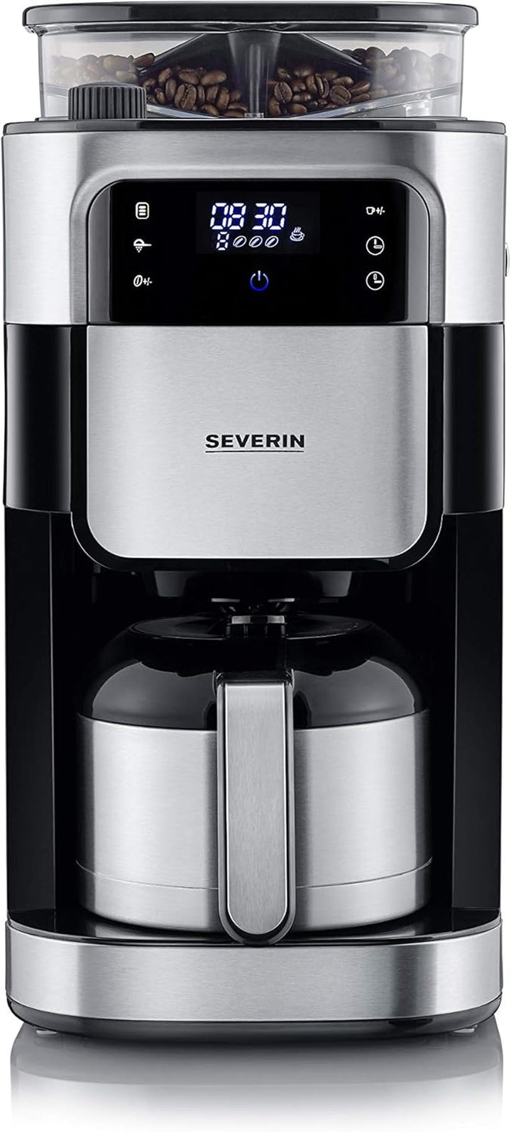 SEVERIN Filtru de cafea cu râșniță din oțel inoxidabil și ulcior termo, măcinare fină și nivel de măcinare selectabil individual, 1000 W, pentru până la 8 cești / Aprox. 1 litru, negru, KA 4814