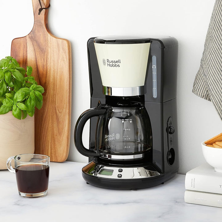 Cafetiera Russell Hobbs [cronometru digital, cap efervescent pentru extracție și aromă optime] Colours+ Cream (Max 10 cești, ulcior de sticlă de 1,25L, plită, 1100W) Filtru de cafea 24033-56