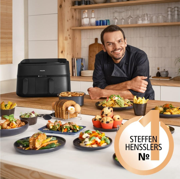 Philips Dual Basket Airfryer 3000-Serie Mit Frühstücksset, 9L, 2 Schubladen, Synch-Funktion, Rapid Air Technologie, Vielseitige Große Heißluftfriteuse Für Die Familie