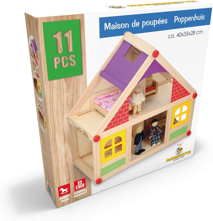 Marionette Wooden Toys - Casă de păpuși din lemn cu mobilier și păpuși - 11 bucăți