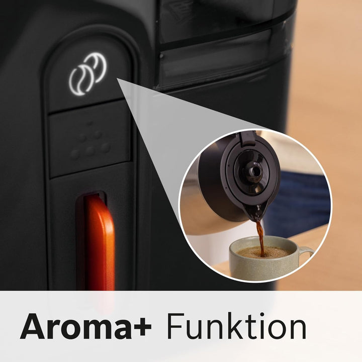 Mașină de cafea cu filtru Bosch Mymoment TKA6M273, cană termo 1 L, pentru 8-12 cești, opritor de picurare, suport pivotant pentru filtru, program de detartrare, rezervor de apă detașabil, 1200 wați, negru mat