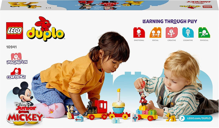 Trenul aniversar LEGO 10941 DUPLO Disney Mickey și Minnie, tren de jucărie cu tort și baloane, cadou pentru copii de 2 ani și peste
