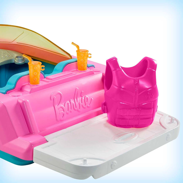 Barbie Speedboat Set, păpușă Barbie cu păr blond, vestă de salvare roz, barcă, cățel, accesorii, cadouri pentru copii cu vârsta peste 3 ani, Grg30