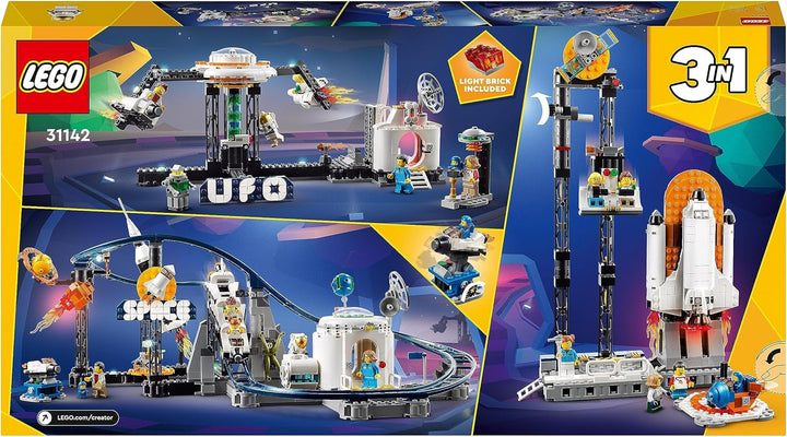 LEGO 31142 Creator 3-In-1 Rollercoaster spațial, kit de jucărie pentru bâlci cu cărucioare funcționale, convertibil în turn de cădere liberă sau carusel cu rachete și cărămizi strălucitoare