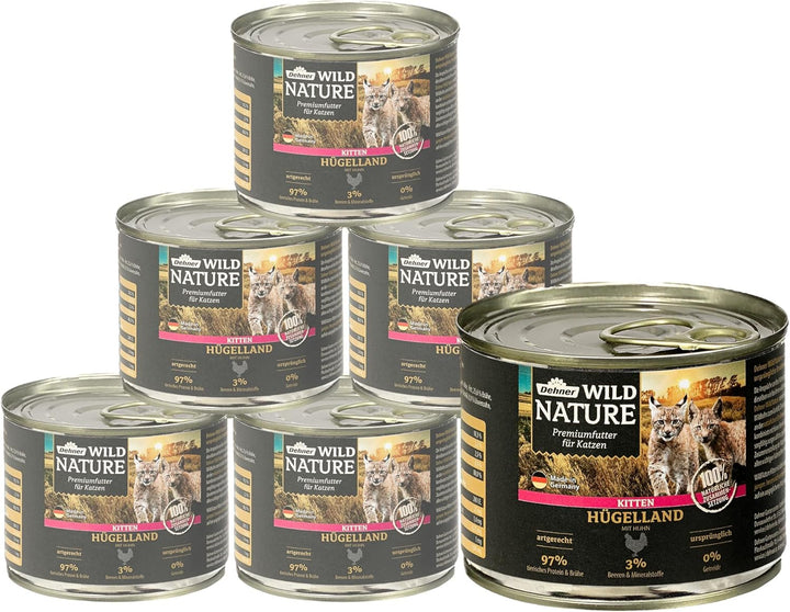 Dehner Wild Nature hrană pentru pisici Kitten Hügelland, hrană umedă fără cereale / fără zahăr, pentru pisici tinere, pui, cutie 6 X 200 G (1,2 kg)