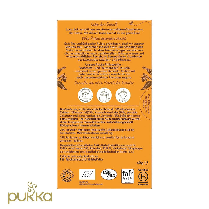 Set de ceai Pukka, ceai cu condimente bio „Cacao Chai”, cacao, scorțișoară, cardamom, rădăcină de cicoare, pentru momente de relaxare, pachet de 4, 80 pliculețe de ceai