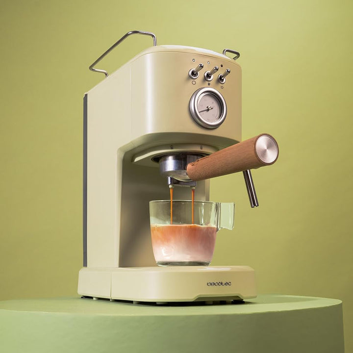 Espressoare Cecotec Compact Power Espresso 20 Retro Green 1100 W, 20 bar, sistem termoblock, abur pivotant, braț pentru filtru cu ieșire dublă și 2 filtre, 1,25 litri
