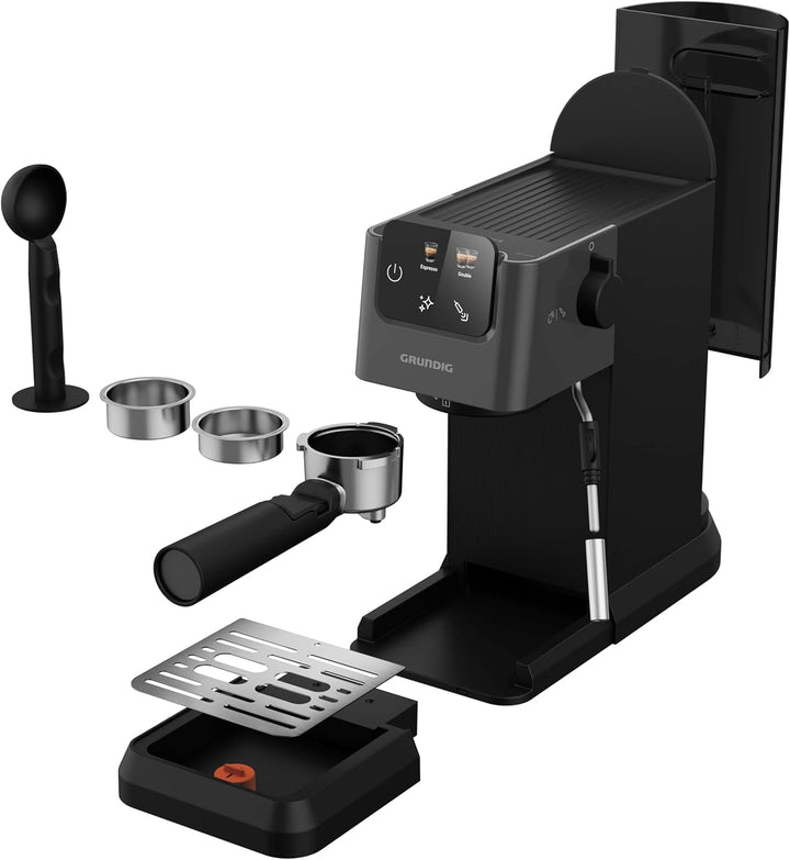 Espressor GRUNDIG KSM 4330 cu filtru portabil și spumator de lapte, pentru cafea măcinată, rezervor de apă detașabil, ecran tactil, putere 1628 W, funcție de memorie, negru