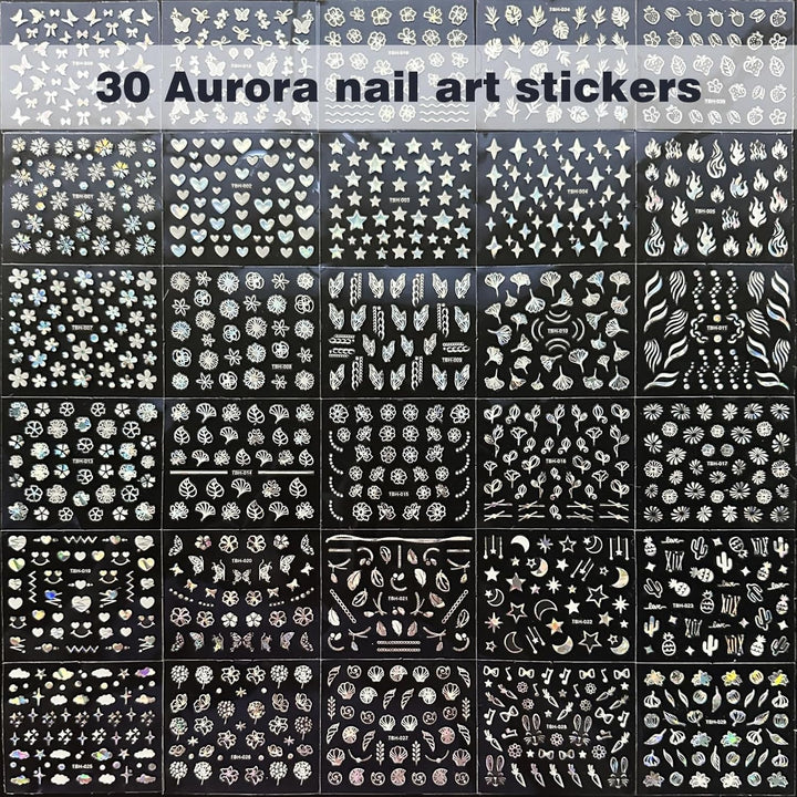 30 Blatt Aurora-Nagelkunst-Aufkleber, Selbstklebende 3D-Blumen-Nagelaufkleber, Aurora-Mond-Stern-Nagelaufkleber Für Nagelkunst, Blatt-Herz-Nageldesign Für Diy-Acrylnägel-Dekoration
