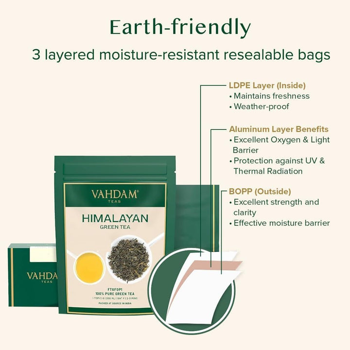 VAHDAM, ceai verde Himalayan (100 g) Ceai verde 100% pur din Himalaya | Fără gluten | Direct de la sursă din India | Preparare fierbinte/rece | Ceai verde vrac
