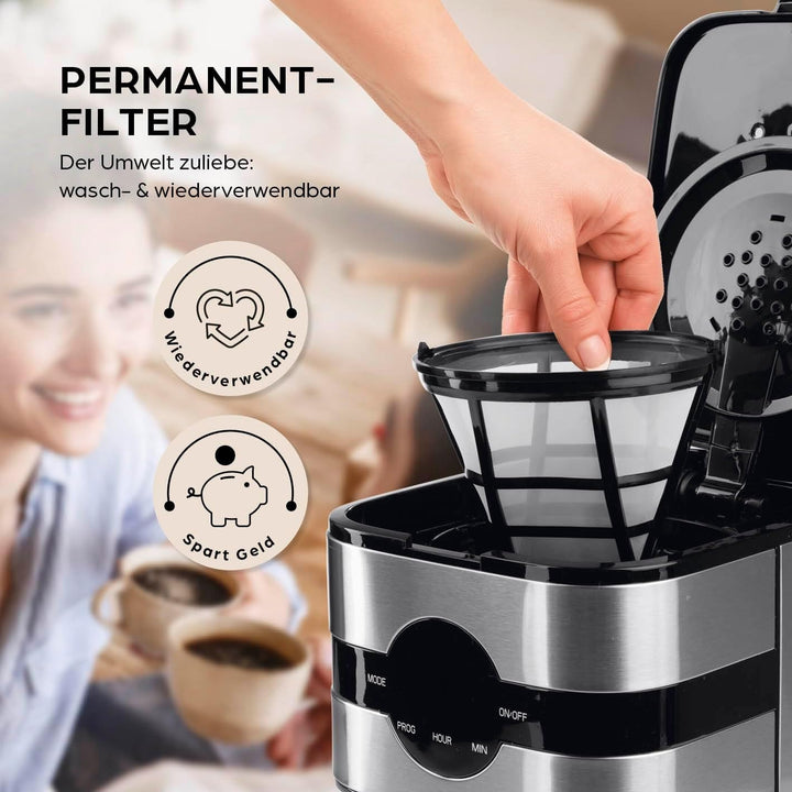 Espressor cu filtru Barista cu termos | Temporizator 24h și filtru permanent | Pentru 8 cești de cafea | Espressor pentru cafea măcinată [Oțel inoxidabil]
