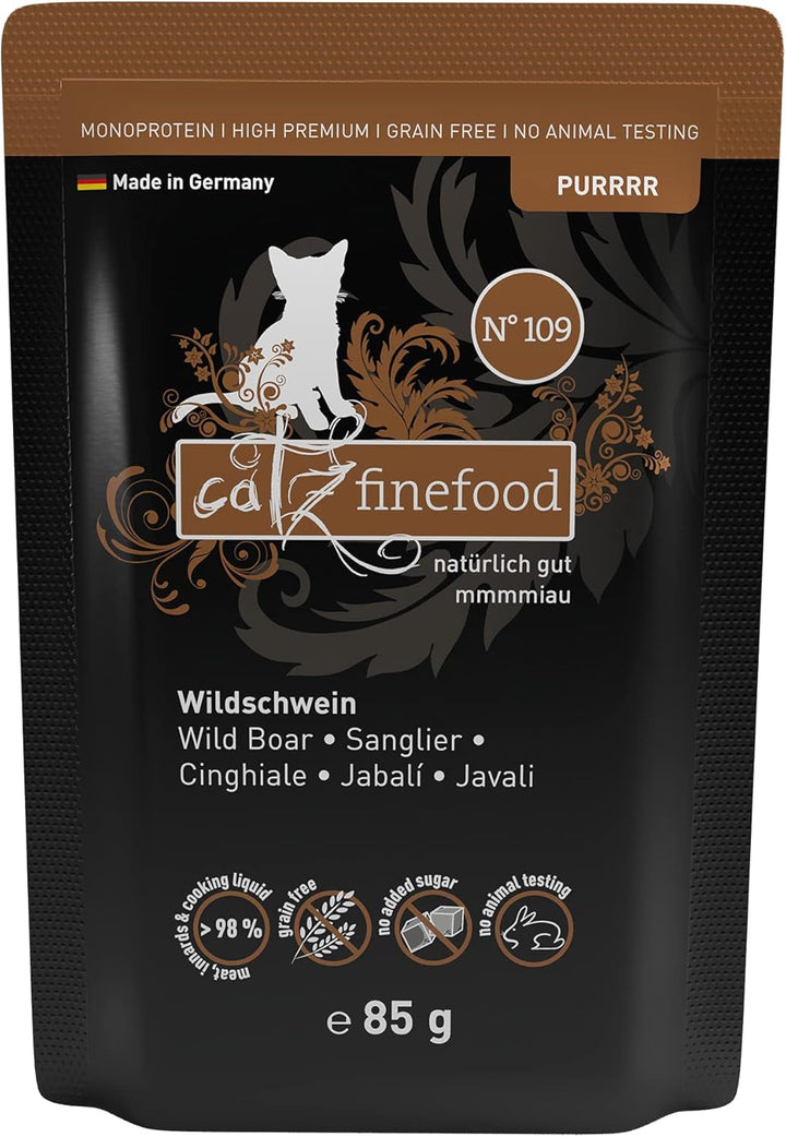 Catz Finefood Purrrrr Wild Boar Monoprotein Cat Food Wet N° 109, Pentru pisici sensibile din punct de vedere nutrițional, 70% carne, cutie 6 X 400G